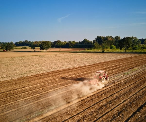 Tractor working in agricultural field, cultivating and plowing dry soil